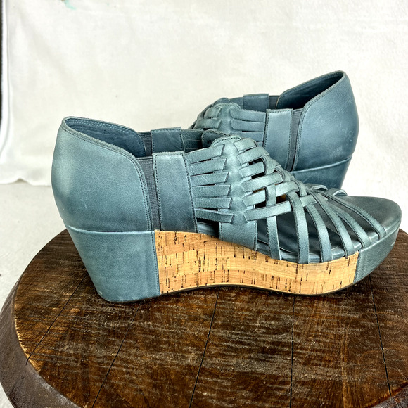 Chocolat Blu Wedge Sandals 9.5 Turquoise Leather Woven Slip On Open Toe - Picture 6 of 12